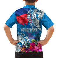Personalised Haiti Coat Of Arms Kid Hawaiian Shirt Repiblik d Ayiti Tropical Flower Blue Polynesian Pattern LT03 - Polynesian Pride