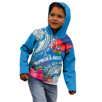 Personalised Haiti Coat Of Arms Kid Hoodie Repiblik d Ayiti Tropical Flower Blue Polynesian Pattern LT03 - Polynesian Pride