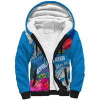Personalised Haiti Coat Of Arms Sherpa Hoodie Repiblik d Ayiti Tropical Flower Blue Polynesian Pattern LT03 Unisex Blue - Polynesian Pride