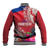 Personalised Haiti Coat Of Arms Baseball Jacket Repiblik d Ayiti Tropical Flower Red Polynesian Pattern LT03 - Polynesian Pride