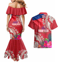 Personalised Haiti Coat Of Arms Couples Matching Mermaid Dress and Hawaiian Shirt Repiblik d Ayiti Tropical Flower Red Polynesian Pattern LT03 - Polynesian Pride