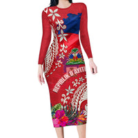 Personalised Haiti Coat Of Arms Family Matching Long Sleeve Bodycon Dress and Hawaiian Shirt Repiblik d Ayiti Tropical Flower Red Polynesian Pattern LT03 Mom's Dress Red - Polynesian Pride