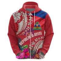 Personalised Haiti Coat Of Arms Hoodie Repiblik d Ayiti Tropical Flower Red Polynesian Pattern LT03 - Polynesian Pride