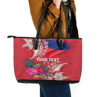 Personalised Haiti Coat Of Arms Leather Tote Bag Repiblik d Ayiti Tropical Flower Red Polynesian Pattern LT03 - Polynesian Pride