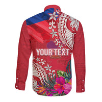 Personalised Haiti Coat Of Arms Long Sleeve Button Shirt Repiblik d Ayiti Tropical Flower Red Polynesian Pattern LT03 - Polynesian Pride