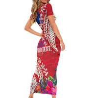 Personalised Haiti Coat Of Arms Short Sleeve Bodycon Dress Repiblik d Ayiti Tropical Flower Red Polynesian Pattern LT03 - Polynesian Pride