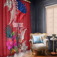 Personalised Haiti Coat Of Arms Window Curtain Repiblik d Ayiti Tropical Flower Red Polynesian Pattern LT03 - Polynesian Pride