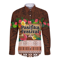 Pasifika Festival Auckland Long Sleeve Button Shirt Polynesian Tribal with Pacific Pattern Brown Color LT03 Unisex Brown - Polynesian Pride