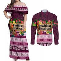Pasifika Festival Auckland Couples Matching Off Shoulder Maxi Dress and Long Sleeve Button Shirt Polynesian Tribal with Pacific Pattern Pink Color LT03 Pink - Polynesian Pride