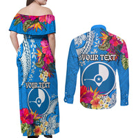 Yap Day Couples Matching Off Shoulder Maxi Dress and Long Sleeve Button Shirt Tapa Pattern with Hisbiscus LT03 - Polynesian Pride
