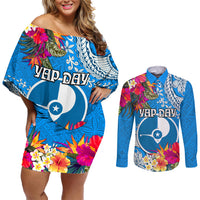 Yap Day Couples Matching Off Shoulder Short Dress and Long Sleeve Button Shirt Tapa Pattern with Hisbiscus LT03 Blue - Polynesian Pride