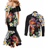Hawaiian Lei Day Couples Matching Mermaid Dress and Long Sleeve Button Shirt Plumeria and Turtle with Polynesian Tribal Pattern