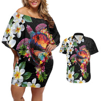 Hawaiian Lei Day Couples Matching Off Shoulder Short Dress and Hawaiian Shirt Plumeria and Turtle with Polynesian Tribal Pattern