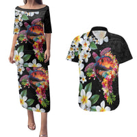 Hawaiian Lei Day Couples Matching Puletasi and Hawaiian Shirt Plumeria and Turtle with Polynesian Tribal Pattern LT03 Black - Polynesian Pride