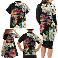 Hawaiian Lei Day Family Matching Long Sleeve Bodycon Dress and Hawaiian Shirt Plumeria and Turtle with Polynesian Tribal Pattern