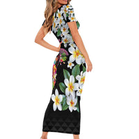 Hawaiian Lei Day Family Matching Short Sleeve Bodycon Dress and Hawaiian Shirt Plumeria and Turtle with Polynesian Tribal Pattern