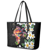 Hawaiian Lei Day Leather Tote Bag Plumeria and Turtle with Polynesian Tribal Pattern