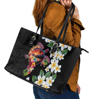 Hawaiian Lei Day Leather Tote Bag Plumeria and Turtle with Polynesian Tribal Pattern