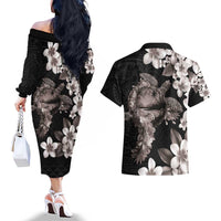Hawaiian Lei Day Couples Matching Off The Shoulder Long Sleeve Dress and Hawaiian Shirt Plumeria and Turtle with Polynesian Tribal Pattern Grayscale Color