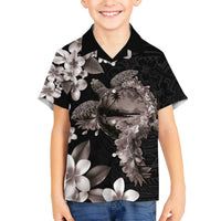 Hawaiian Lei Day Family Matching Off The Shoulder Long Sleeve Dress and Hawaiian Shirt Plumeria and Turtle with Polynesian Tribal Pattern Grayscale Color