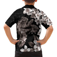 Hawaiian Lei Day Family Matching Puletasi and Hawaiian Shirt Plumeria and Turtle with Polynesian Tribal Pattern Grayscale Color