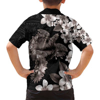 Hawaiian Lei Day Hawaiian Shirt Plumeria and Turtle with Polynesian Tribal Pattern Grayscale Color