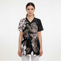 Hawaiian Lei Day Scrub Top Plumeria and Turtle with Polynesian Tribal Pattern Grayscale Color - Polynesian Pride