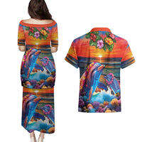 Hawaiian Lei Day Couples Matching Puletasi and Hawaiian Shirt Dolphins with Colorful Corals and Romantic Sunset LT03 - Polynesian Pride