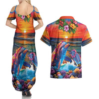 Hawaiian Lei Day Couples Matching Summer Maxi Dress and Hawaiian Shirt Dolphins with Colorful Corals and Romantic Sunset