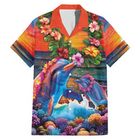 Hawaiian Lei Day Family Matching Mermaid Dress and Hawaiian Shirt Dolphins with Colorful Corals and Romantic Sunset