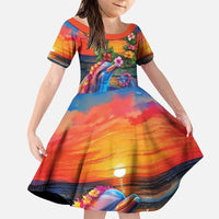 Hawaiian Lei Day Family Matching Puletasi and Hawaiian Shirt Dolphins with Colorful Corals and Romantic Sunset LT03 Daughter's Dress Orange - Polynesian Pride