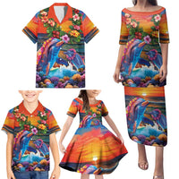 Hawaiian Lei Day Family Matching Puletasi and Hawaiian Shirt Dolphins with Colorful Corals and Romantic Sunset LT03 - Polynesian Pride