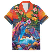 Hawaiian Lei Day Family Matching Puletasi and Hawaiian Shirt Dolphins with Colorful Corals and Romantic Sunset LT03 Dad's Shirt - Short Sleeve Orange - Polynesian Pride
