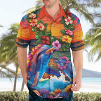 Hawaiian Lei Day Hawaiian Shirt Dolphins with Colorful Corals and Romantic Sunset