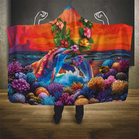 Hawaiian Lei Day Hooded Blanket Dolphins with Colorful Corals and Romantic Sunset