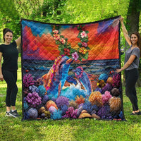 Hawaiian Lei Day Quilt Dolphins with Colorful Corals and Romantic Sunset