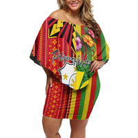 Personalised Hawaii and Philippines Together Family Matching Off Shoulder Short Dress and Hawaiian Shirt The Emblems with Cultural Symbols Green-Yellow-Red Tricolor LT03 Mom's Dress Art - Polynesian Pride