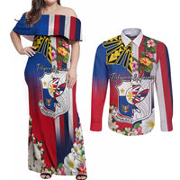 Personalised Hawaii and Philippines Together Couples Matching Off Shoulder Maxi Dress and Long Sleeve Button Shirt The Emblems with Cultural Symbols Blue-White-Red Tricolor