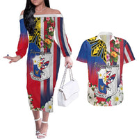 Personalised Hawaii and Philippines Together Couples Matching Off The Shoulder Long Sleeve Dress and Hawaiian Shirt The Emblems with Cultural Symbols Blue-White-Red Tricolor