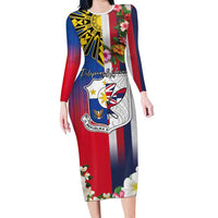 Personalised Hawaii and Philippines Together Family Matching Long Sleeve Bodycon Dress and Hawaiian Shirt The Emblems with Cultural Symbols Blue-White-Red Tricolor