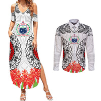 Samoa Siapo Ula Fala Couples Matching Summer Maxi Dress and Long Sleeve Button Shirt With Ginger Plant White Color LT03 White - Polynesian Pride