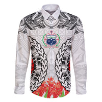 Samoa Siapo Ula Fala Family Matching Off Shoulder Long Sleeve Dress and Hawaiian Shirt With Ginger Plant White Color LT03 Dad's Shirt - Long Sleeve White - Polynesian Pride