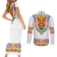 Haiti Flag Traditional Dashiki Couples Matching Short Sleeve Bodycon Dress and Long Sleeve Button Shirt White Color LT03 - Polynesian Pride