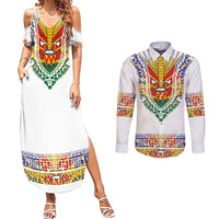 Haiti Flag Traditional Dashiki Couples Matching Summer Maxi Dress and Long Sleeve Button Shirt White Color - Polynesian Pride