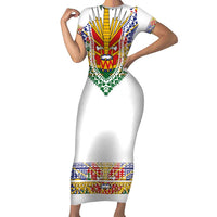 Haiti Flag Traditional Dashiki Short Sleeve Bodycon Dress White Color - Polynesian Pride