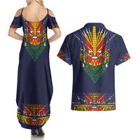 Haiti Flag Traditional Dashiki Couples Matching Summer Maxi Dress and Hawaiian Shirt Black Color LT03 - Polynesian Pride