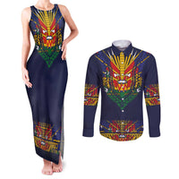 Haiti Flag Traditional Dashiki Couples Matching Tank Maxi Dress and Long Sleeve Button Shirt Black Color LT03 Black - Polynesian Pride