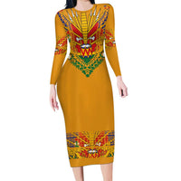 Haiti Flag Traditional Dashiki Long Sleeve Bodycon Dress Yellow Color - Polynesian Pride