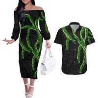 Hawaii Maile Lei Couples Matching Off The Shoulder Long Sleeve Dress and Hawaiian Shirt Aloha Black Color