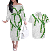 Hawaii Maile Lei Couples Matching Off The Shoulder Long Sleeve Dress and Hawaiian Shirt Aloha White Color